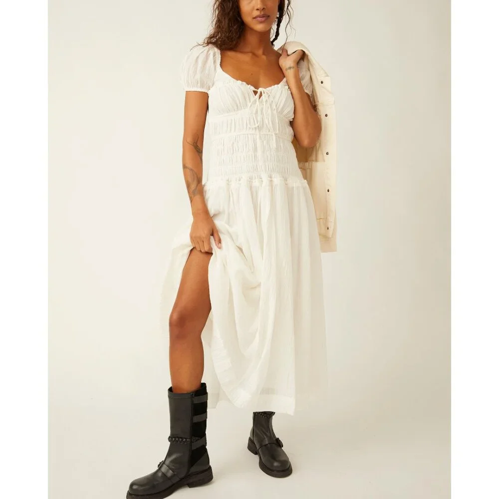 Free People Cream Smocked Puff-Sleeve Midi Dress